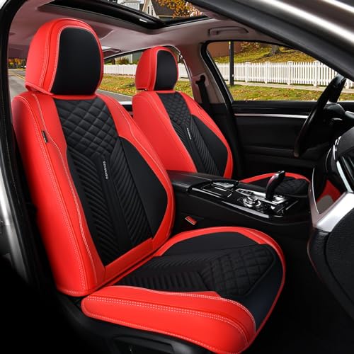 Image of Coverado Front Seat Covers, 2 Pack Waterproof Seat Covers for Cars, Luxury Leather Seat Cushions, Front and Rear Seat Protectors, Auto Seat Covers Fit for Most Vehicles(Black&Red)