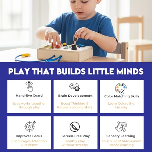 Image of Montessori Wooden Busy Board for Toddlers 1-5 Years | LED Lights & Car Sounds, Learning Activity Panel, Fine Motor Skills Educational Toy, Screen-Free, Travel-Friendly Playset