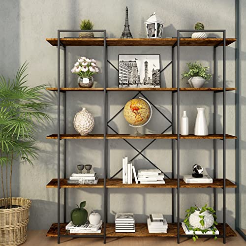 Auromie Triple Wide 5 Tier Bookshelf, 70.8’’ H X 63’’ W Rustic Etagere Bookcase Garage Storage Shelf Rack, Industrial Freestanding Display Shelf, Extra Large Storage Rack Shelving Unit For Home Office #TOP5