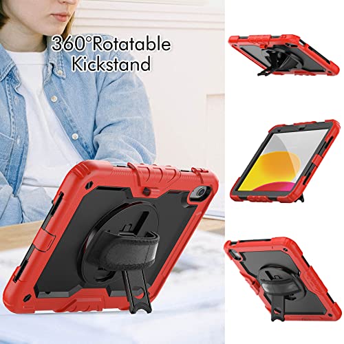 Sibeitu for iPad (A16) 11th/ 10th Generation Heavy Duty Case 10.9 Inch 2025/2022 with Screen Protector, Military Grade Defender Protection, Rugged Shockproof Cover with Stand & Strap, Red