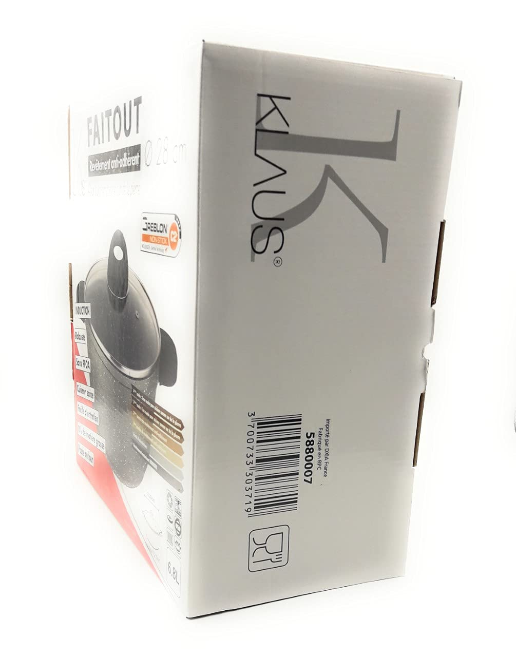klaus faitout 6.8L Façon Pierre de Haute Qualités Antiadhésif avec Couvercle en Verre trempé Compatible Tous Feux 100% Induction gris Moucheté Ø 28 cm