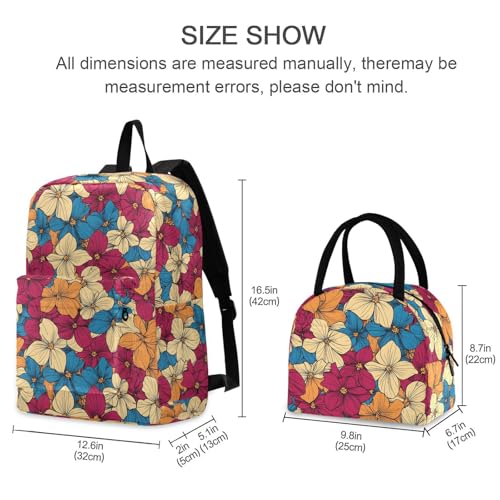 Backpack Lunch Bag Set Line Floral Pattern Print, Big Storage Travel Backpacks with Insulated Lunch Box for Office Hiking Picnic2