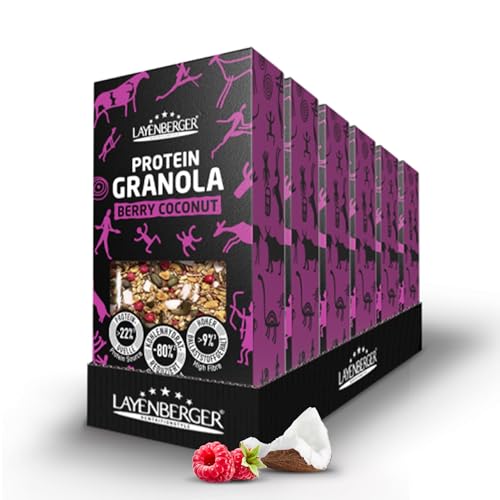 Layenberger Protein Paleo Granola, 22% Eiweiß 9% Ballaststoffe, laktosefrei, 6er Pack (6x 350 g) - Beere Kokosnuss