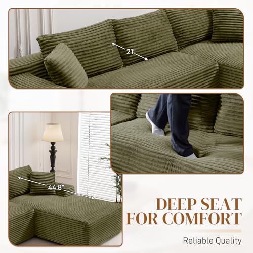 Image of 95 inch L Shaped Boneless Sectional Couches, Wide Armrest, Deep Seat, Memory Foam, Assembly Free, Modern Comfy Corduroy Fluffy Cloud Sofa with Right Chaise for Living Room, Small Spaces, Green
