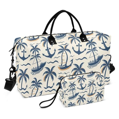 Cartoon Palm Tree Anchor Travel Duffle Bag Gym Bag Weekender Bags with Toiletry Bag Travel Trip Tote Bag