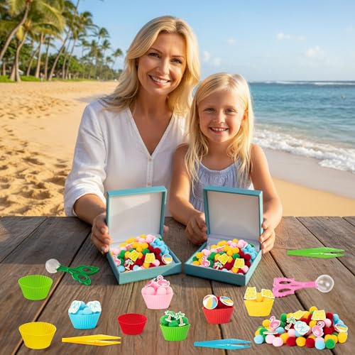 Image of EZdhuawuse Summer Sensory Bin Fillers - 268Pcs Summer Beach Fine Motor Toys Counting Sorting for Kids, Felt Beach Ball Palm Tree Pom Poms Cup Clip for Preschool Education Birthday Gift Party Favors