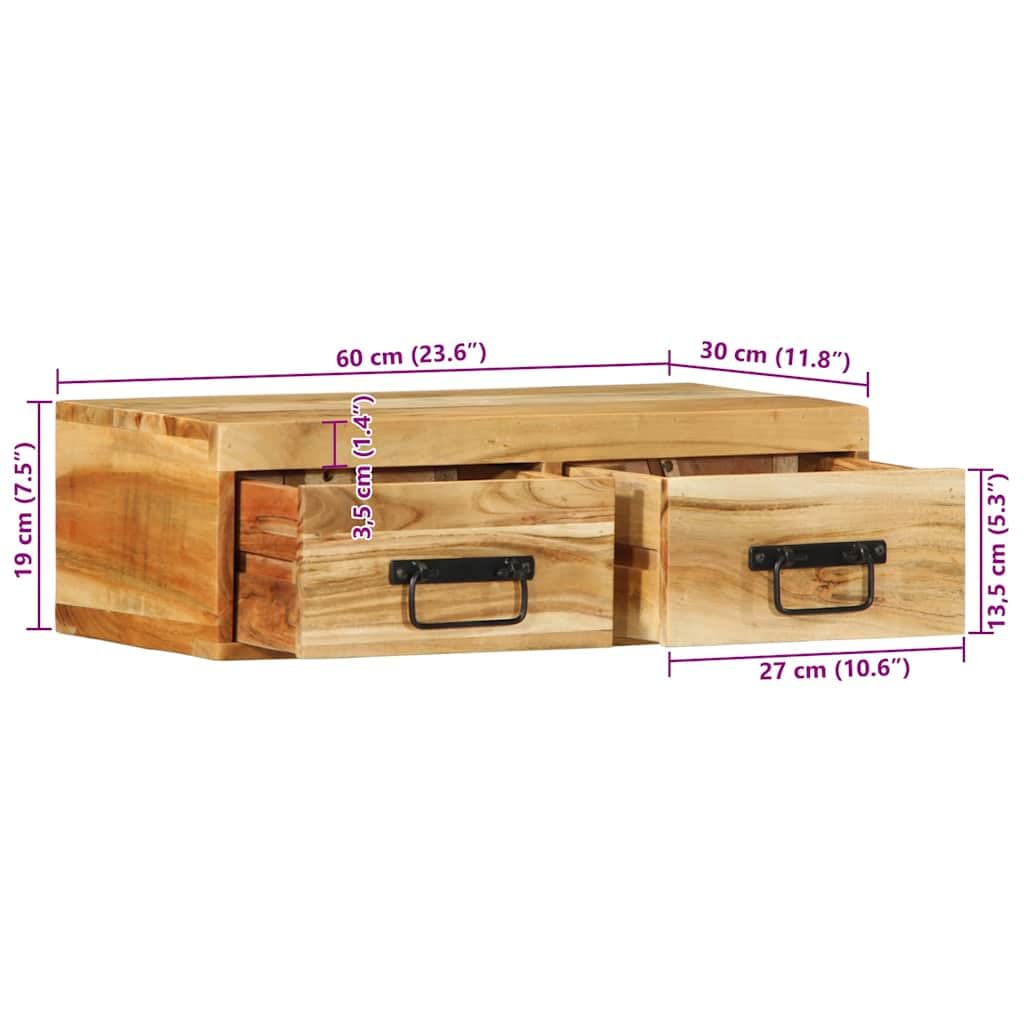 Mobile TV da parete in legno massello di acacia, 60 x 30 x 19 cm, montaggio a parete, con molto spazio per libri, DVD, dispositivi multimediali, soggiorno e ordine