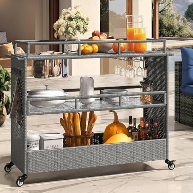 Kitchen Island Trolley Kitchen Cart, Portable Bar Cart with Wheels, Rattan Counter Table with 2 Steel Shelves, Suitable for Terrace Kitchen Backyard Rolling Kitchen cart-KYrdKyBj