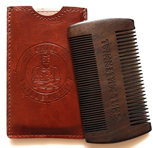 Sandalwood Beard Comb for Men by Chill Millennial - Great for Oils and Balms - Antistatic Fine & Coarse Teeth - Premium Handmade Black Sandalwood - Pocket Friendly - Comes with Protective Leather Case