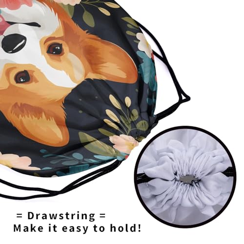 Image of Nerxy Floral Corgi Gymnastics Grip Bag - Corgi Dog Drawstring Grip Bags Puppy Shoe Bag Flowers Gym Drawstring Storage Pouch for Sports Party Favors