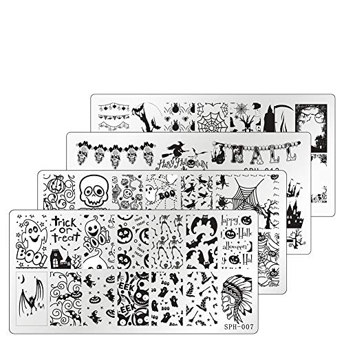 Auxsoul 4 Pieces Halloween Nail Art Plates Image Stamp Templates Stamping Kit, Pumpkin Ghost Skull Bat Templates Image Plates for Manicuring DIY Print for Women Girls Kids Halloween Decorations