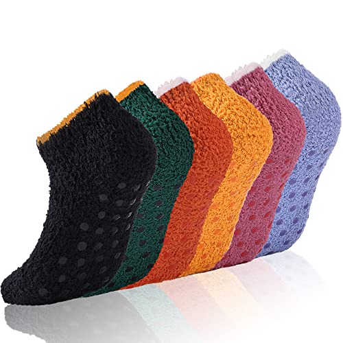 3/6 Pairs Non Slip Hospital Socks for Women Fluffy Fuzzy Slipper Socks with Grips