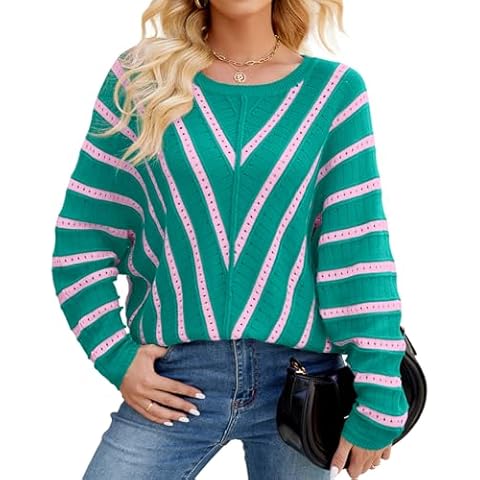 MorwenVeo Womens Oversized Striped Sweaters 2024 Cute Fall Crochet Batwing Sleeve Knit Pullover Tops Green M Cover