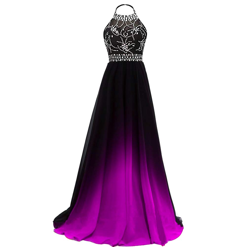 Women Formal Beaded Gradient Black Ombre Chiffon Long Prom Evening Dresses