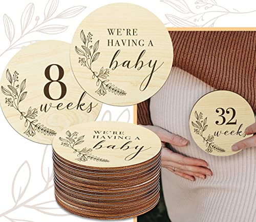 Wooden Pregnancy Milestone Signs for 8-40 Weeks, Weekly Baby Bump Tracker Milestone Discs Baby Shower Gifts for Pregnant Moms, Gender Neutral Baby Announcement Cards