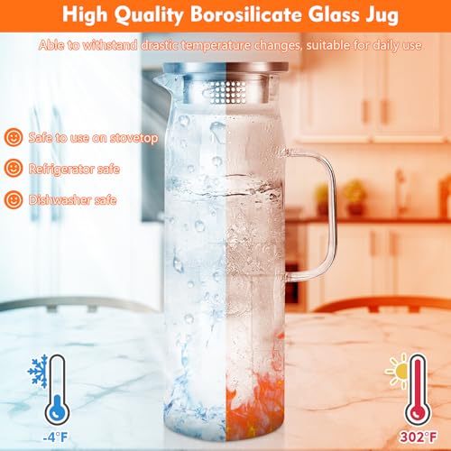 2PCS 1,5L Caraffa in Vetro Borosilicato Con Coperchio, Brocca d'Acqua Con Spazzola per Tè Ghiacciato, Acqua Calda Fredda, Succo, Caffè - immagine 3