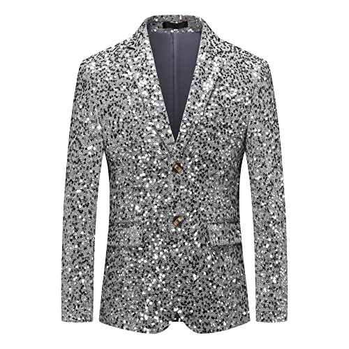 MOGU Mens Sequin Blazer Slim Fit Shiny Gold Silver Dress Suit Jacket Tuxedo Sport Coats for Prom Party Dinner
