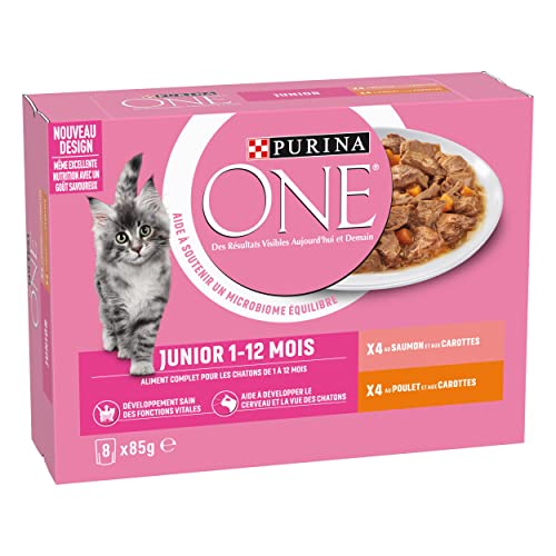 PURINA One Chat Junior - de 1 à 12 Mois - Effilés en Sauce au Saumon ou au Poulet - 8x85g - Sachet frâcheur pour Chaton