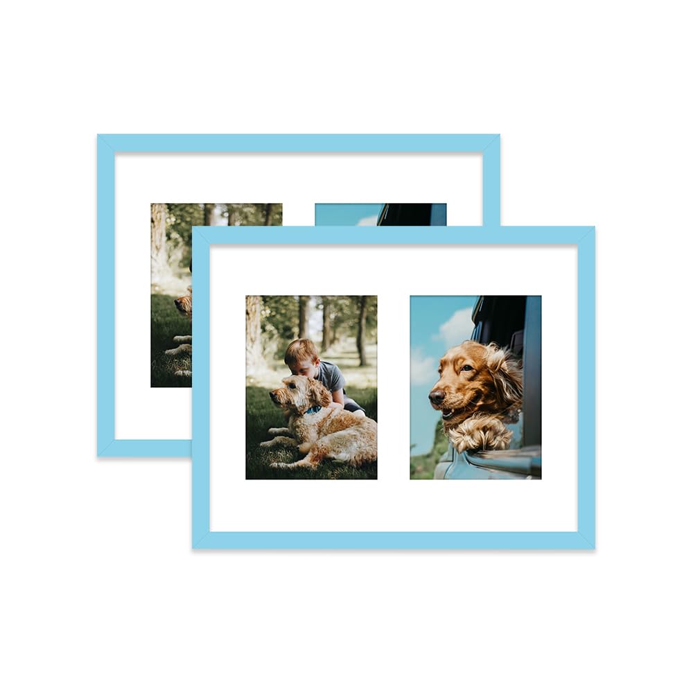 Light Blue Multi Photo Frame - Holds 2 x 7x5 Pictures, Family Collage Picture Frame for Wall Display, 14x11 Frame size, Set of 2