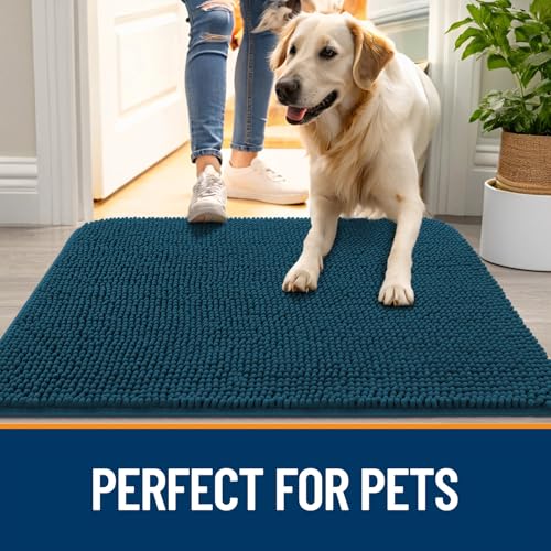 Image of OLANLY Dog Door Mat Set 2-Piece 30x20, Absorbs Moisture and Dirt, Absorbent Non-Slip Washable Doormat, Quick Dry Chenille Mud Mat for Dogs, Entry Indoor Entryway Carpet for Inside Floor, Atlantic Blue