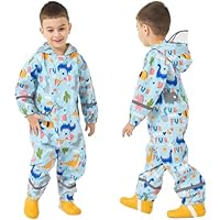 Fewlby Kids Puddle Suit All in One Waterproof Suit, Boys Rain Suit Waterproof Overalls Blue Dinosaur Muddy Suit Girls One Piece Raincoat Hoodie Rainwear, -7 Years L Size
