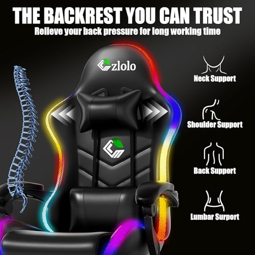 Image of Czlolo Gaming Chair, RGB LED Lights Computer Chair with Footrest, Lumbar Support Massager Gamer Chair, High Back, 90-135 Reclining, Linkage Armrests, Black