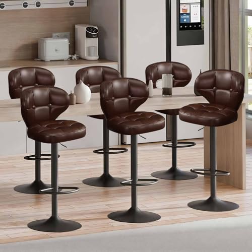 Image of Modern Bar Stools Set of 6, Adjustable Swivel Upholstered Full-Back Counter Height Bar Chairs for Kitchen Island, Dining Room, Bar Brown