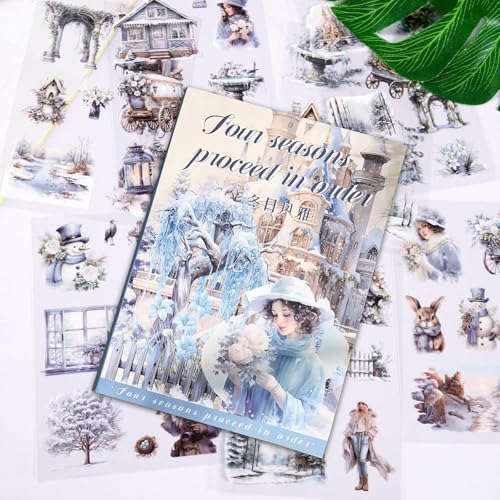 Image of Jaravik Seasons Theme Vintage Aesthetic Sticker Book - 20 Sheets Seasonal Scrapbook Stickers | | Cottagecore Planner & DIY Craft Supplies Scrapbooking Stickers (Winter)