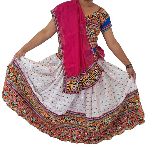 Handcrafted Traditional Women's White Chaniya Choli, Rayon/Cotton, 3 Pcs Set, Embroidery, Kutchi Mirror Work