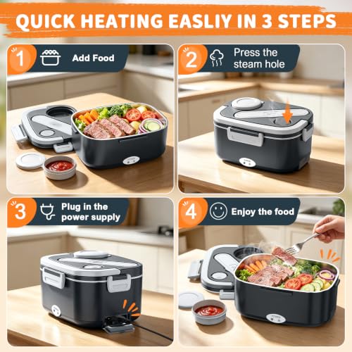 Image of HOLDRUBY Electric Heated Lunch Boxes Adults: 100W Protable Food Warmer with Sauce Box 1.5L Heatable Lunch Box for Car /Truck /Office 12 /24 /110-230V Leak-Proof Stainless Steel Container,Fork & Spoon,Bag