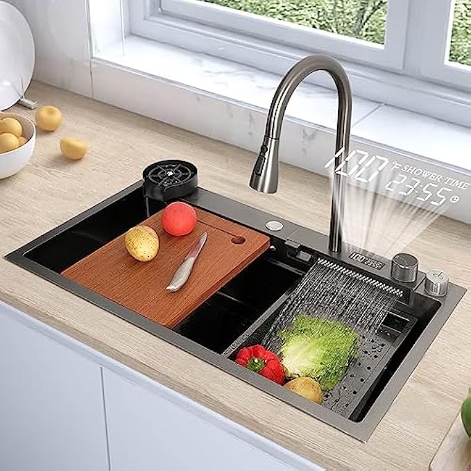 32" x18" Waterfall Kitchen Sinks Combo 304 Stainless Steel Nano Sink with Multifunctional Fahrenheit Digital Display Pull-Out Faucet,Add Pressurized Sink Glass Rinser