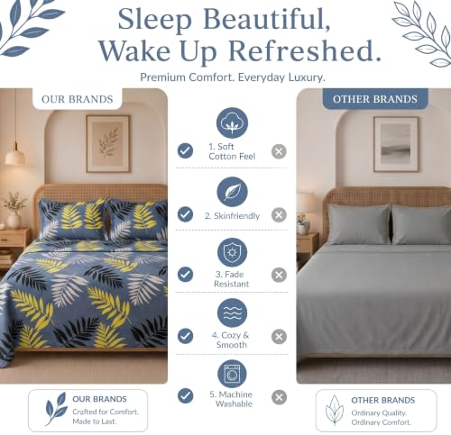 Image of HOMEKART Glace Cotton 160 TC Leaf Printed Double Bedsheet with 2 King Size Pillow Covers | Soft & Durable | 86 x 88Inches (Grey & Yellow)