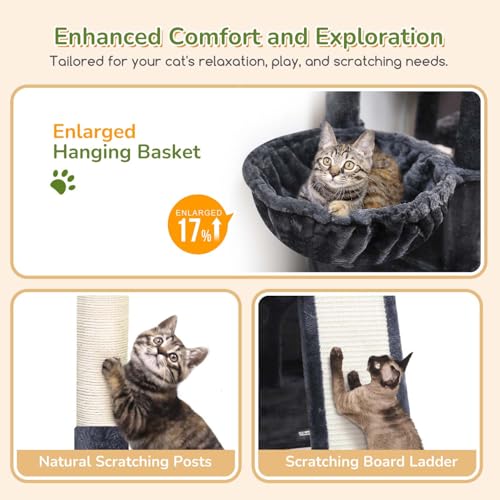 Image of Globlazer Heavy Duty Cat Tree for Indoor Cats Large Adult, F52B, Dark Grey | 3 Condos, Extra-Large Baseboard, Removable Top Perch, 4 Sisal Posts & Board, Hanging Basket, Anti-Topple Strap, Easy Setup