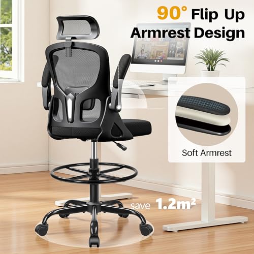 Image of Drafting Chair, Tall Office Chair for Standing Desk, Ergonomic High Back with Headrest, Lumbar Support, Foot Ring and Flip-up Armrests, Black