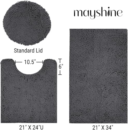 Image of Standard 3pc Set Chenille Bath Mats, Includes 21 inchx24 inch U-Shaped Contour Toilet Rug, 21 inchx34 inch Inches Bathmat and 1 Toilet Lid Cover, Plush Absorbent Bath Mats Quick Dry, Charcoal Gray