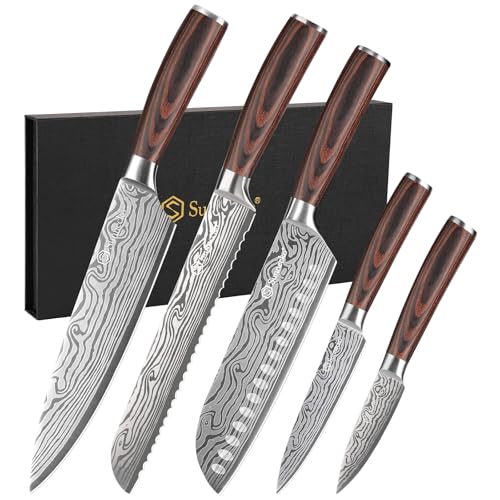 Sunnecko Kitchen Knife Set 5 Piece Chef Knife Set Professional High Carbon Stainless Steel, Sharp Kitchen Knives with Wooden Handle