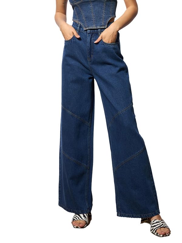 barcino Navy High-Rise Stitch Detail Straight Jeans - Expert Choice Deal with 86% Discount on Amazon | Valzo