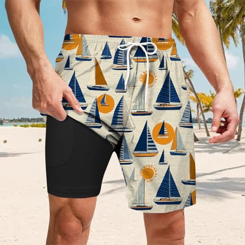 Swim Trunks with Compression Liner - Tropical Mens Swim Shorts,5.5-inch Inseam Vacation Beach Swimwear2