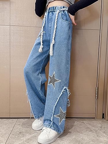 Girls Casual Wide Leg Denim Pants Graphic Printed Ripped Jeans Elastic Waist Straight Baggy Trousers2