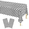 Mulbozy 2 manteles de plástico a cuadros para decoración de cumpleaños, 54 x 108 pulgadas, desechables en blanco y negro para baby shower, decoración de fiesta de cumpleaños de coche de carreras