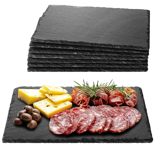Navaris Planche ardoise pour fromage apéro tapas charcuterie dessert - Lot 8x plateau en ardoise 30x20 cm - Assiette rectangulaire pour service plat