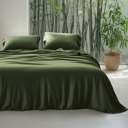 Bedsure Silky Cooling Duvet Cover King Size - Lightweight 100% Rayon Derived from Bamboo Comforter Cover Set for Hot Sleepers, Breathable & Moisture-Wicking Bedding Set, Olive Green