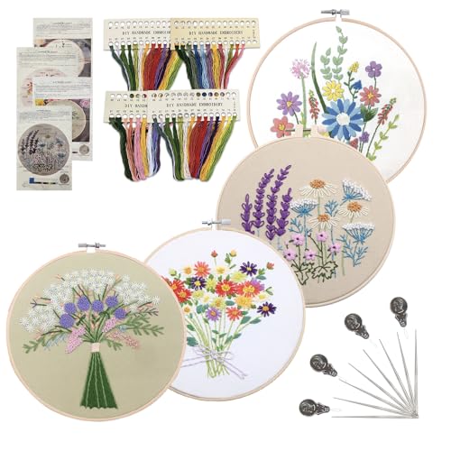 Image of CBBGGR 4 Sets Embroidery Kit for Beginners ,Color Threads Needle Kit,Learning DIY Kit with Easy Instruction Video,Hand Embroidery Kit Includes Hoop
