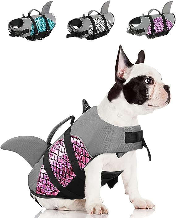 Matiko Dog Life Jacket- Preserver with Adjustable Belt, Pet Swimming Shark Jacket for Short Nose Dog 4