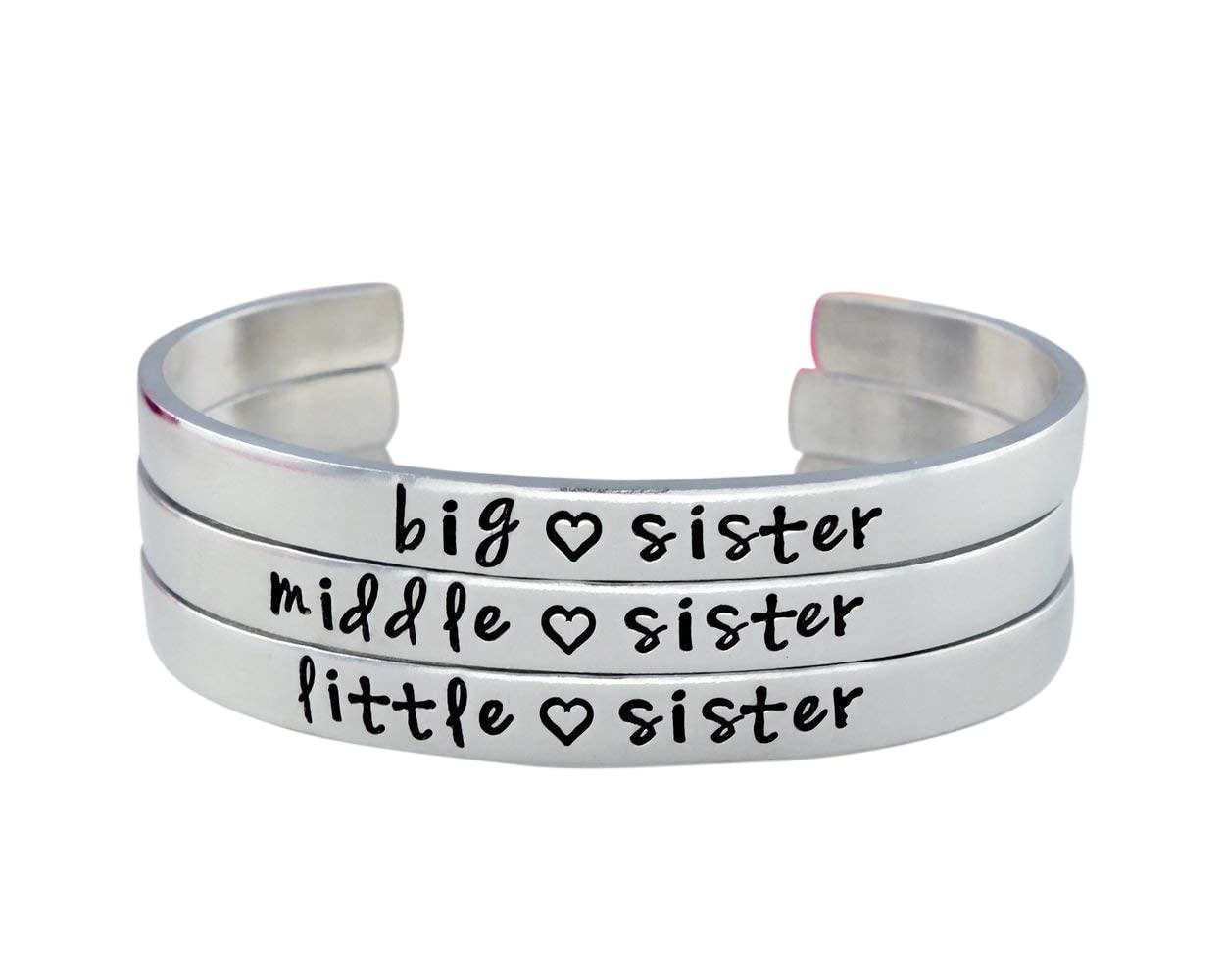 Big Middle Little Sister Hand Stamped Aluminum Cuff Bracelets Set