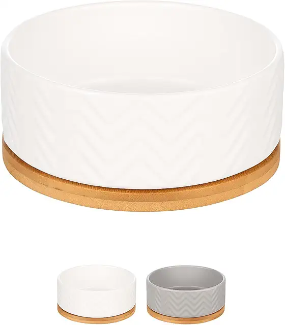 Gamelle Céramique pour Chien Biano 990 ML Blanc Antidérapant Support Bambou