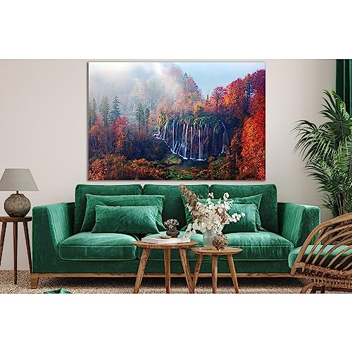 Impression sur toile cascade Plitvice grand format tableau paysage brume nature 140x90cm