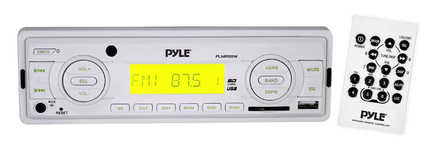 Pyle Marine Stereo Headunit Receiver - 12v Single DIN Style Digital Boat In dash Radio System with MP3, USB, SD, AUX, RCA, AM FM Radio - Includes Remote Control, Power Wiring Harness - PLMR88W (White)