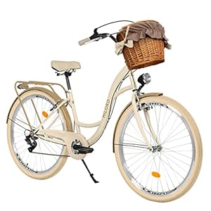 Comfortabele stadsfiets met rieten mand damesfiets Hollandse fiets, 28 inch, crèmebruin, 7 versnellingen Shimano