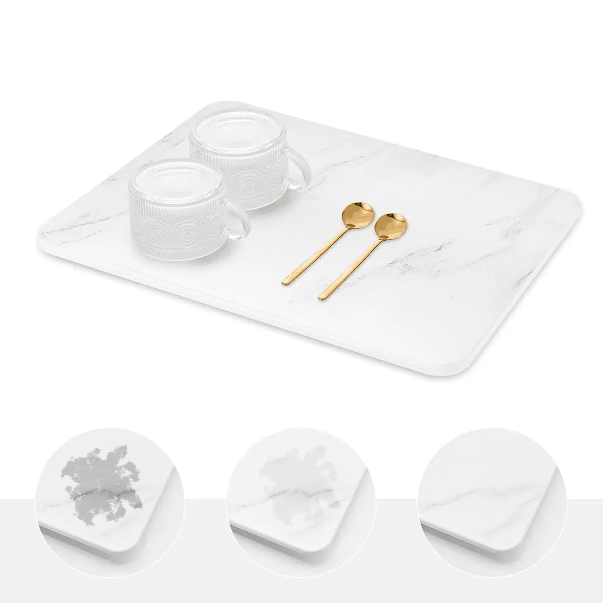 Evag Stone Drying Mat For Kitchen Counter | Non-Slip | Heat Resistant | Quick Dish Drying Stone Mat | Eco-Friendly Diatomaceous Earth Mat For Kitchen 16"" x 12"" (White Marble)